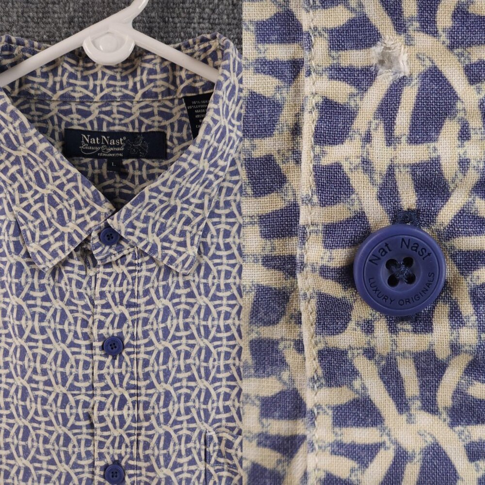 Nat Nast Men Short Sleeve Button Up Large Geometric Blue Ivory Silk Lyocell